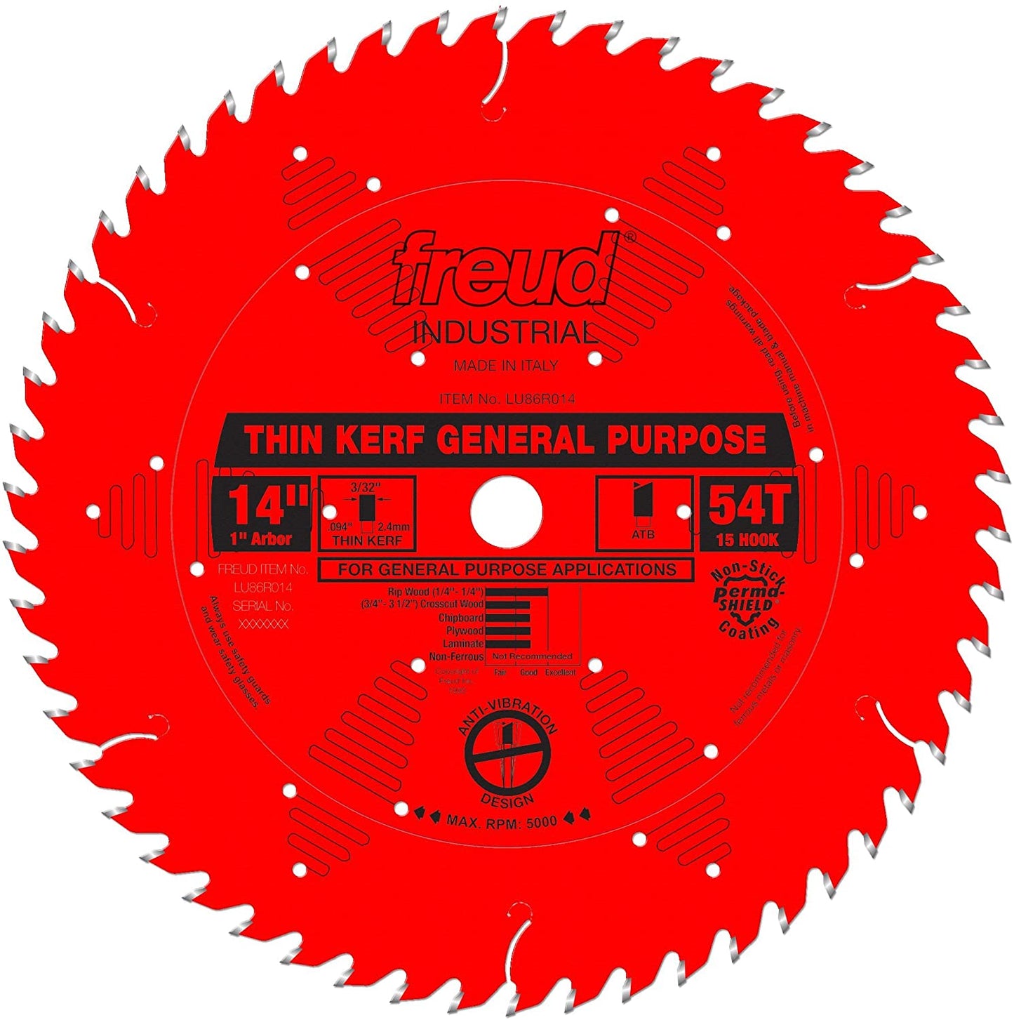 Freud LU86R014 14'' 54 Tooth ATB Thin Kerf General Purpose Saw Blade with 1'' Arbor and PermaShield Coating